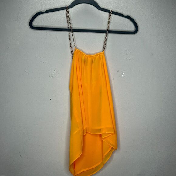 Marciano Yellow Semi-Sheer Tiered Ruffle Round Neck Gold Chain Straps Blouse S - Picture 4 of 9